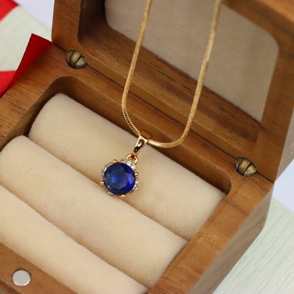 "Elegant Round Blue Gemstone Pendant in Rose Gold, XPPT1324 - Picture 6 of 13
